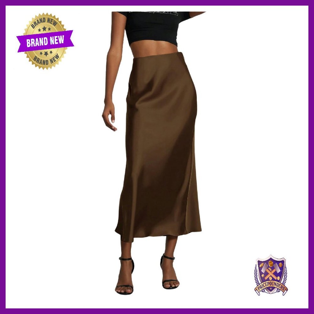 Satin Fishtail Midi Skirt High Waisted Flared Office Formal